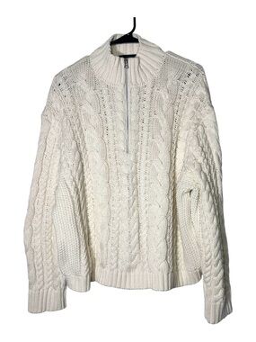 Jenni Kayne Cream Cable-Knit Half-Zip Turtleneck Sweater
